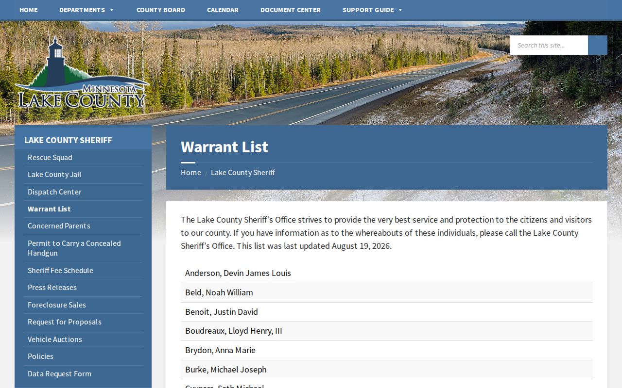 Lake County official warrant list source for most wanted status checking